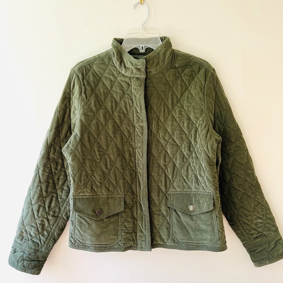 Eddie Bauer Sz L Army Green Corduroy Quilted Zip Jacket Buttoned Pockets - Picture 1 of 11